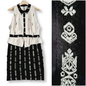 EVE GRAVEL Contrast Collar Peplum Sheath Dress Floral Embroidery B&W Sz L